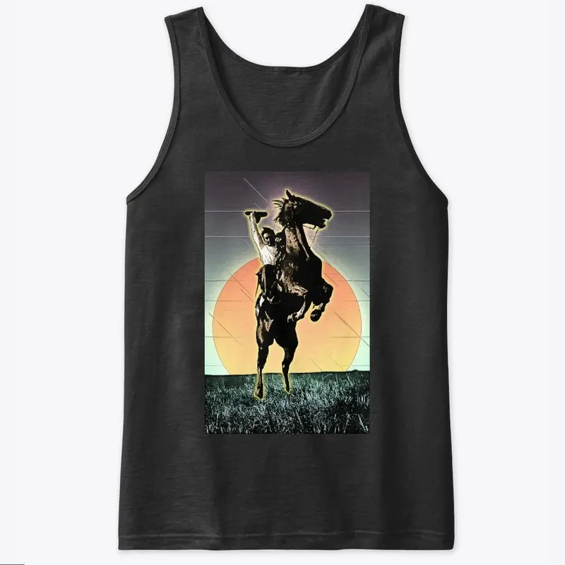 Cowboy Riding Horse with Sunset