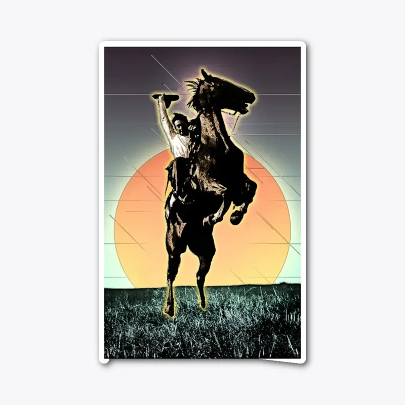 Cowboy Riding Horse with Sunset